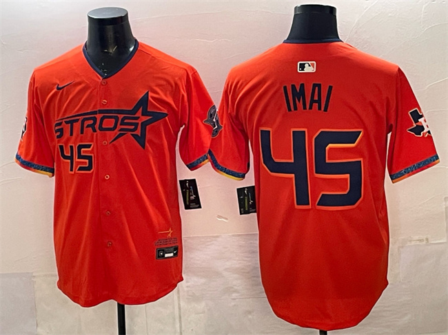 Men's Houston Astros #45 Tatsuya Imai Orange 2025 City Connect With Texas Patch Limited Stitched Baseball Jersey